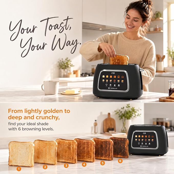Tesslux 2 Slice Toaster with Touch Screen Control, 1.5" Wide Long Slots, 6 Browning Levels & 6 Bread Types, Digital Timer, Memory, Defrost, Reheat (Black, 2 Slice)