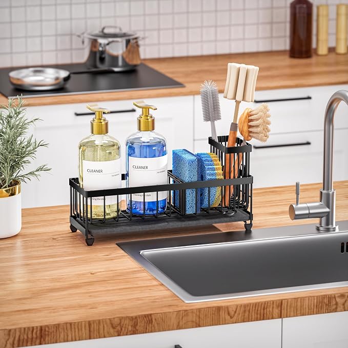 Cisily Sponge Holder for Kitchen Sink, Sink Caddy Organizer with High Brush Holder, Kitchen Countertop Organizers and Storage Essentials, Rustproof 304 Stainless Steel (Black with Stone Tray, Large)