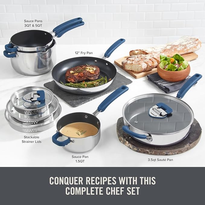 Zakarian x Dash TruPro® Stainless Steel Cookware Set - Rust-Resistant, Nonstick Cookware Set for Everyday Cooking - Straining Lid with Stackable Lids and Heat Resistant Handles - Blue, 10-Piece Set