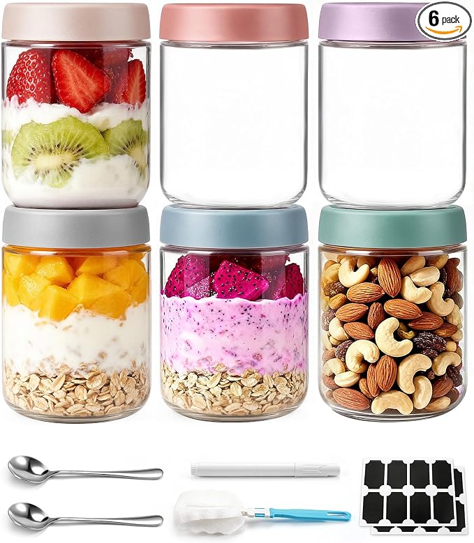 6 pack 16 oz Overnight Oats Containers with Lids and Spoons Glass Jars with Airtight Lids: Wide Mouth Mason Salad Jars, Leakproof and Reusable Glass Food Storage Container for Yogurt Snacks Spice