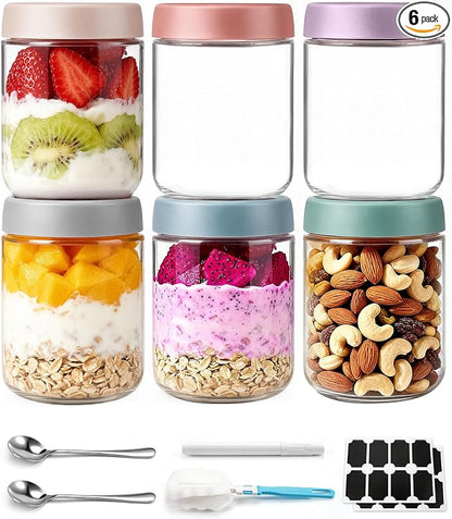 6 pack 16 oz Overnight Oats Containers with Lids and Spoons Glass Jars with Airtight Lids: Wide Mouth Mason Salad Jars, Leakproof and Reusable Glass Food Storage Container for Yogurt Snacks Spice