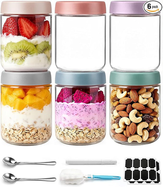 6 pack 16 oz Overnight Oats Containers with Lids and Spoons Glass Jars with Airtight Lids: Wide Mouth Mason Salad Jars, Leakproof and Reusable Glass Food Storage Container for Yogurt Snacks Spice