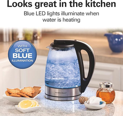 Hamilton Beach Electric Tea Kettle, Water Boiler & Heater, 1 Liter, 1500 Watts for Fast Boiling, BPA Free, Cordless Serving, Auto-Shutoff & Boil-Dry Protection, Blue LED, Glass (40930)