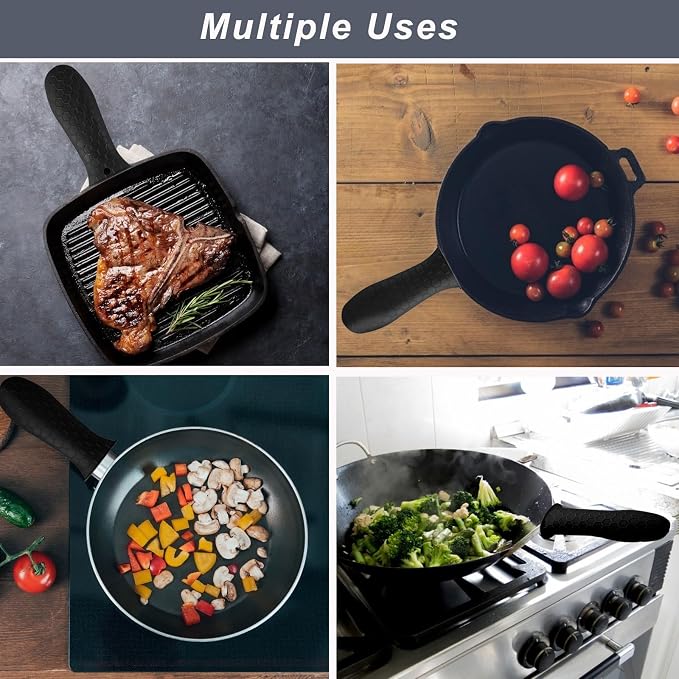 4 Pcs Silicone Hot Handle Holder, Potholder for Cast Iron Skillets, Non-Slip Rubber Pot Handle Sleeve Heat Resistant for Frying Pans & Griddles Sleeve Grip Handle Cover,Metal cookware Handles, Black