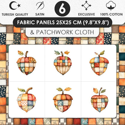 Patchwork Acorn Cotton Fabric Panel – 6 Designs (10×10 inch Each) + Bonus Sheet 29.5×19.6 inch, 100% Cotton 140 GSM, Made in Türkiye