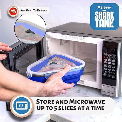 PIZZA PACK The Perfect Reusable Pizza Storage Container with 5 Microwavable Serving Trays - BPA-Free Adjustable Pizza Slice Container to Organize & Save Space, 4 Pack, Blue