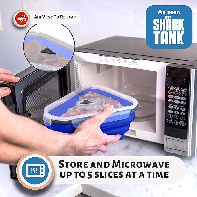 PIZZA PACK The Perfect Reusable Pizza Storage Container with 5 Microwavable Serving Trays - BPA-Free Adjustable Pizza Slice Container to Organize & Save Space, 3 Pack, Blue