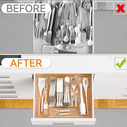 Expandable Silverware Organizer for Drawer, Clear Acrylic Utensil Organizer with Adjustable Compartments, Large Kitchen Drawer Organizer Tray for Cutlery, Flatware & Utensils Storage