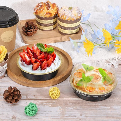Beasea 50 Pack 4” Mini Pans with Lids, 8oz Disposable Aluminum Baking Foil Tins Round Small Dark Red Spot Container for Individual Cupcake Dessert Muffin Ramekin Cheesecake Quiche Oven Dishes