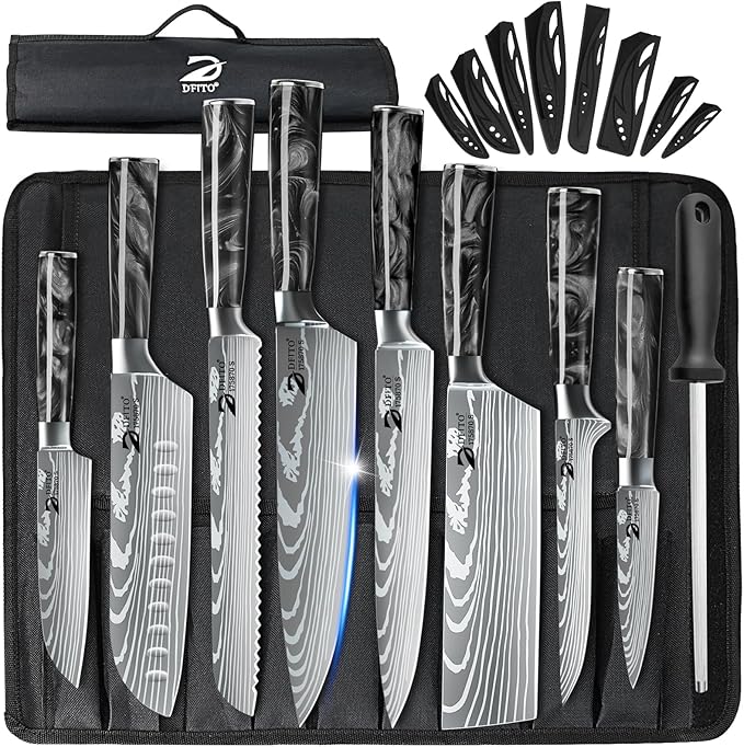 Dfito Chef Knife Sets with Roll Bag, 9 Pieces Professional Knife Set with Sharpener, High Carbon Stainless Steel Kitchen Chef Knife Set, Black Resin Handle, Dishwasher Safe