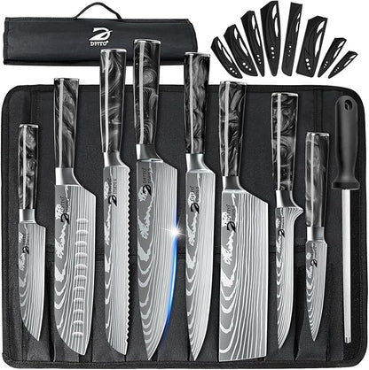 Dfito Chef Knife Sets with Roll Bag, 9 Pieces Professional Knife Set with Sharpener, High Carbon Stainless Steel Kitchen Chef Knife Set, Black Resin Handle, Dishwasher Safe