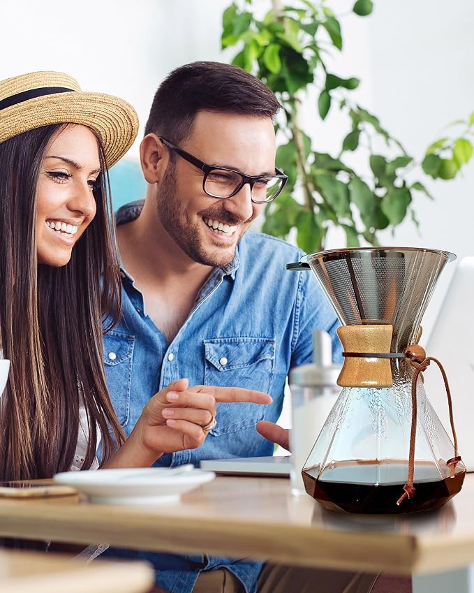 AGOGO Pour Over Coffee Maker Glass - Barista Kit with 304 Stainless Filter for Home, Office, Camping, Cafes - Easy Clean Coffee Dripper Set (Soft Towel&Brush) (34oz Diamond Design w/SS Filter)