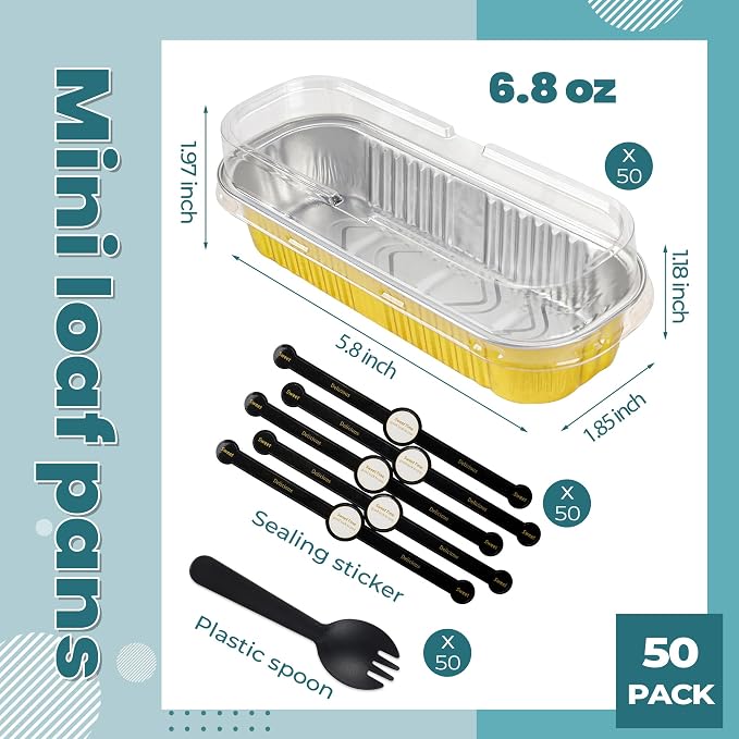 50 Pack Mini Loaf Pans with Lids Rectangle Individual Cake Pans Aluminum Foil Pans for Large Gatherings Picnics Vacations Parties, Graduation Gifts Party Favors(Gold, 6.8 OZ)