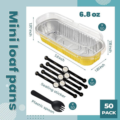 50 Pack Mini Loaf Pans with Lids Rectangle Individual Cake Pans Aluminum Foil Pans for Large Gatherings Picnics Vacations Parties, Graduation Gifts Party Favors(Gold, 6.8 OZ)