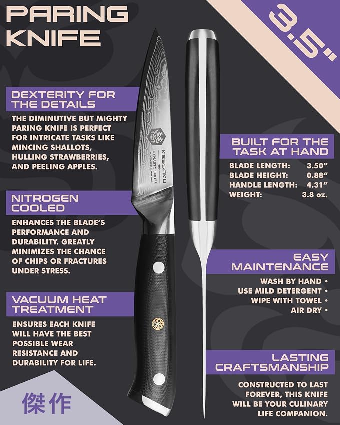KESSAKU Paring Knife - 3.5 inch - Damascus Dynasty Series - Razor Sharp Kitchen Knife - Forged 67-Layer Japanese AUS-10V High Carbon Stainless Steel - G10 Garolite Handle with Blade Guard