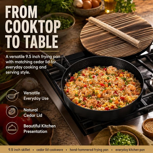 Calmabode 9.5” Hand-Hammered Carbon Steel Pan with Wooden Lid | Nitrided carbon steel, flat bottom, detachable wood handle, ideal for eggs, steak, searing, sautéing and daily cooking