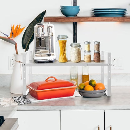 Across-Star Expandable Cabinet Shelf Organizer Rack, Stackable Kitchen Counter Storage Shelves Stand, Adjustable Height Pantry Shelf Spice Rack (White, 1 Pack)
