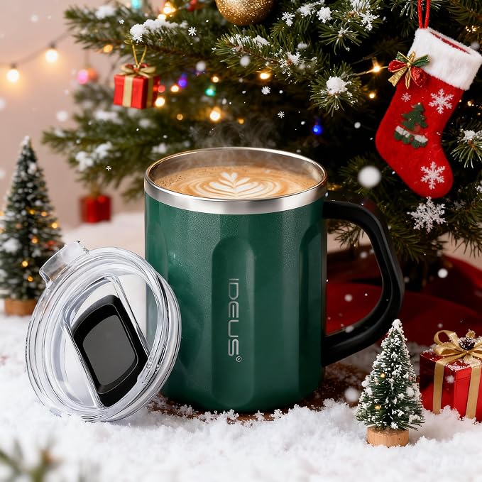 Ideus 16 oz Coffee Cup, Stainless Steel Coffee Travel Mug, Spill Proof Tea Mug with Handle and Lid, Lightweight and Durable, Great for Office Home and Outdoor Use, Deep Green-FUJI FLOW