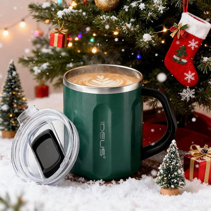 Ideus 16 oz Coffee Cup, Stainless Steel Coffee Travel Mug, Spill Proof Tea Mug with Handle and Lid, Lightweight and Durable, Great for Office Home and Outdoor Use, Deep Green-FUJI FLOW