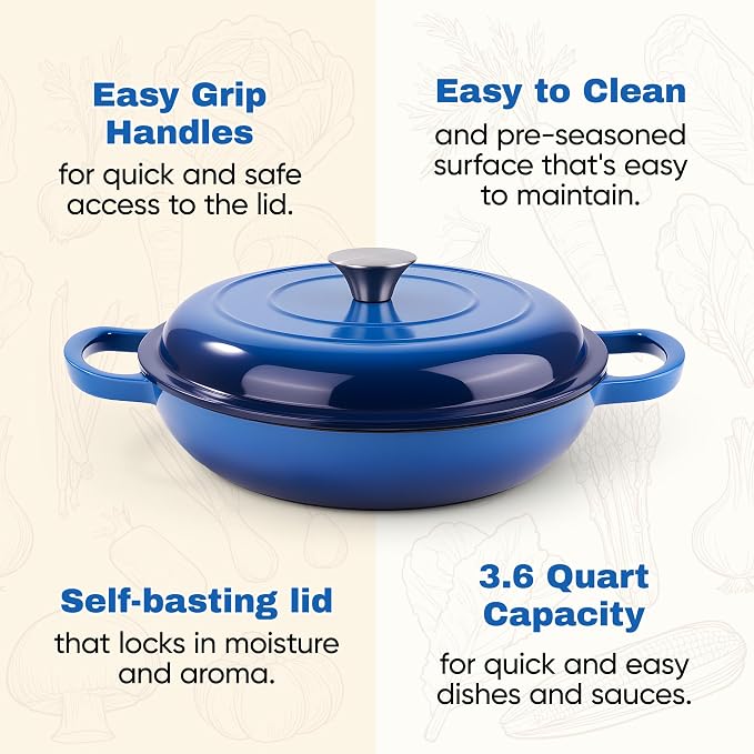 3 Quart Enameled Cast Iron Braiser, Non Stick Enameled Cast Iron Skillet with Lid, Dutch Oven Skillet with lid up to 500°F for Oven, Stove, Grill, Shallow Dutch Oven for Cook, Bake (Blue)