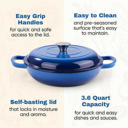3 Quart Enameled Cast Iron Braiser, Non Stick Enameled Cast Iron Skillet with Lid, Dutch Oven Skillet with lid up to 500°F for Oven, Stove, Grill, Shallow Dutch Oven for Cook, Bake (Blue)
