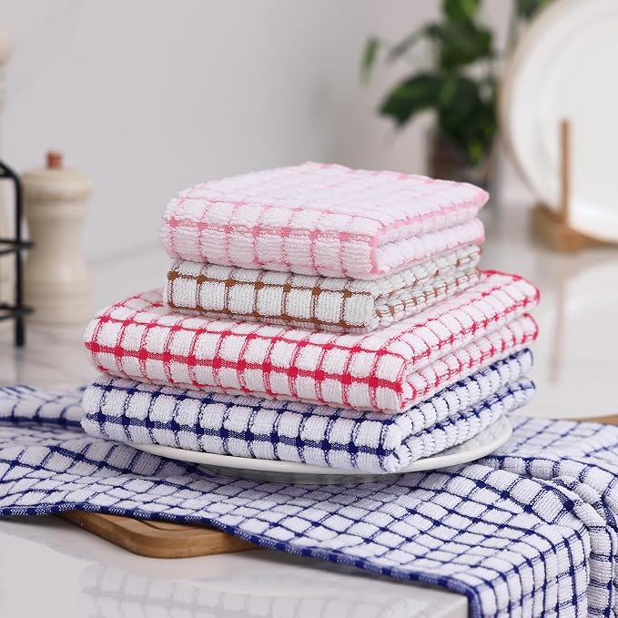 Homaxy Kitchen Towels and Dishcloths Set, 16 x 25 and 12 x 12 Inches, Set of 16 Cotton Terry Kitchen Dish Towels, Super Soft and Absorbent Dish Cloths, Blue/Pink/Red/Brown