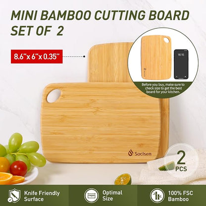 2 Pack Small Bamboo Wood Cutting Board for Kitchen Mini Wooden Chopping Board Lightweight Handheld Charcuterie Serving Board Butcher Block Camping Portable Fruit Lemon Sandwich Non Toxic Chef Set