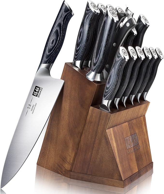 SHAN ZU Knife Sets for Kitchen with Block, Knife Block Set, Japanese Super Steel Kitchen Knife Sets with Removable Block & K133 Ergonomic Handle, Black Tortoise Genbu Series