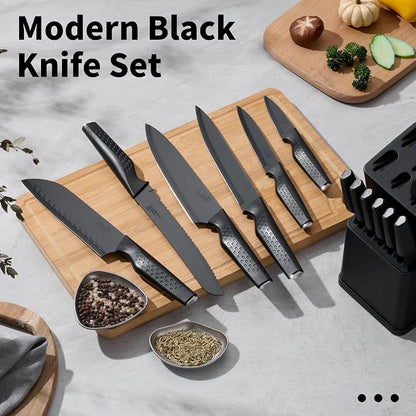E-far Knife Set, 15-Piece Kitchen Knife Block Set with Sharpener, High Carbon Steel Chef Paring Steak Knives with Ergonomic Non-Slip Handle, Anti-Rust & Razor Sharp, Black