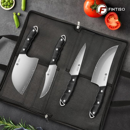 FINTISO Hand Forged Viking Knife Set, 4 PCS Kitchen Knives with Butcher Knife, Serbian Chef Knife & 2 Boning Knives, 5-Layer High Carbon Steel, Full Tang G10 Handle for Kitchen, BBQ & Camping