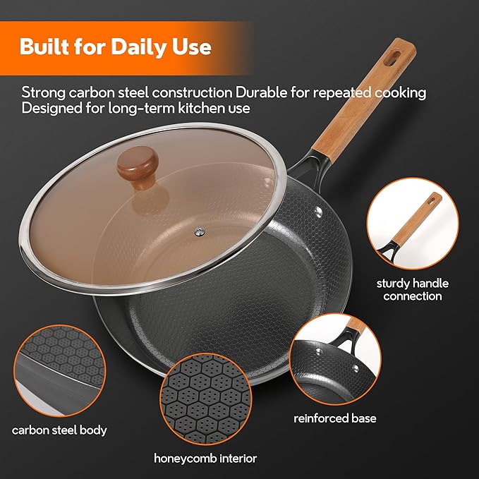 11-Inch Carbon Steel Frying Pan with Glass Lid, Pre-Seasoned Skillet with Honeycomb Interior, Deep Nonstick Fry Pan for Eggs, Omelets, Fried Rice, All Cooktops Compatible, Oven Safe 450°F