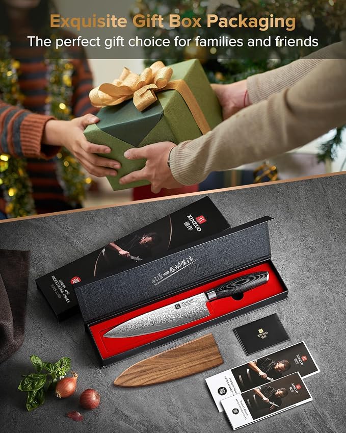 XINZUO Damascus Gyuto Chef Knife with Sheath 8 Inch,Sharp Kitchen Knife Professional,Pakkawood Handle, Chef Gift Box