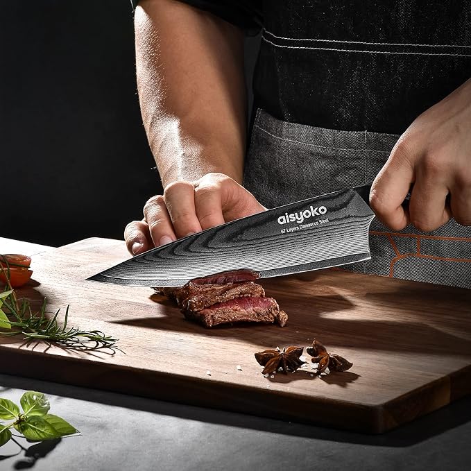 aisyoko Damascus Chef Knife 8 Inch Sharp Kitchen Knife Japan VG-10 Stainless Steel Carbon Ultra Sharp Kitchen Cooking Knife, Ergonomic G10 Handle Deluxe Gift Box