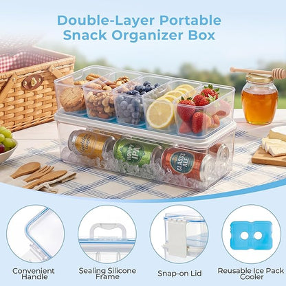 Homelove Snackle Box Container, Snack Organizer Divided Serving Tray with 2 Plastic Ice Packs, Lid with Handle, Double-layer Tray and 5-Compartment Snack Platter for Travel Party Beach Picnic