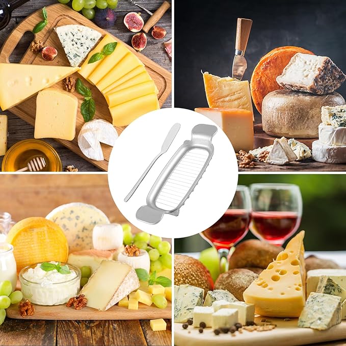 Cheese Butter Slicer, Stainless Steel Cheese Cutter Ergonomic Wires Butter Cutter Single Stick Even Slicer for Portion Control Kitchen Food Tool with Butter Spatula for Butter Block (Silver)