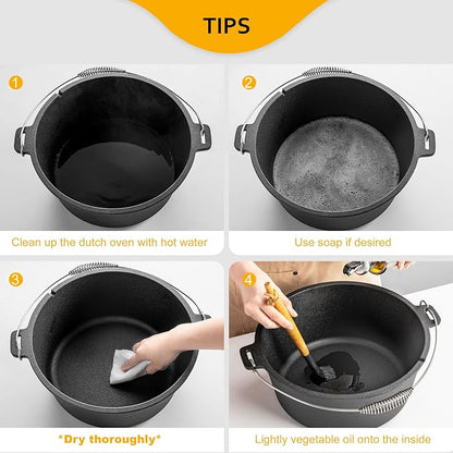 Velaze 10QT Camping Dutch Oven, Pre-Seasoned Cast Iron Camp Dutch Oven Pot with Lid, for Use in the Oven, on the Stove, Grill, or over the Campfire - Metal Handle, Lid Lifter, and Stand Support