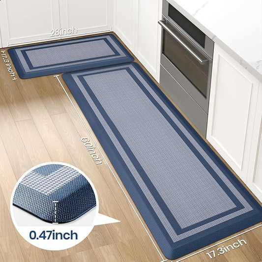 KitchenClouds [2 PCS Kitchen Rugs Cushioned Anti-Fatigue Kitchen Mats for Floor Waterproof Kitchen Rug Set Non-Slip Comfort Standing Mat for Office, Sink, Laundry 17.3"×28"+17.3"×60",Blue
