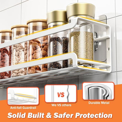 Bunoxea Spice Rack Wall Mounted 4 Pack, White,11.41x2.75x2.75in | 4 Removalble Hooks,Screw or Adhesive Hanging,Space-Saving,For Kitchen Cabinet, Pantry Door,Stove,RV