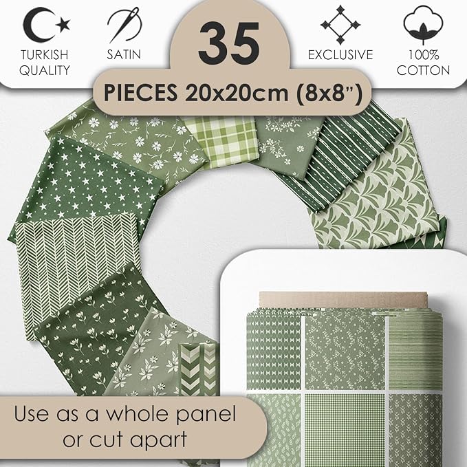 Cotton Satin Patchwork Fabric Panel – 35 Designs, 20×20 cm Squares, Single Piece 150×110 cm, Green Patchwork Quilt Fabric (Olive Garden Patchwork Set, 35pcs 8x8 inch)