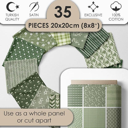 Cotton Satin Patchwork Fabric Panel – 35 Designs, 20×20 cm Squares, Single Piece 150×110 cm, Green Patchwork Quilt Fabric (Olive Garden Patchwork Set, 35pcs 8x8 inch)