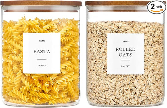 2 Pack Glass Rice Containers with Acacia Wood Lids, 70oz Airtight Flour and Sugar Jars with 105 Labels, Large Glass Pantry Storage Jars for Cereal, Protein Powder, Cookies, Dry Food
