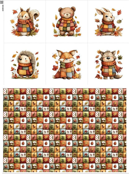 Autumn Animals Patchwork Cotton Fabric Panel – 6 Designs (10×10 inch Each) + Bonus Patchwork Sheet 29.5×19.6 inch, 100% Cotton 140 GSM