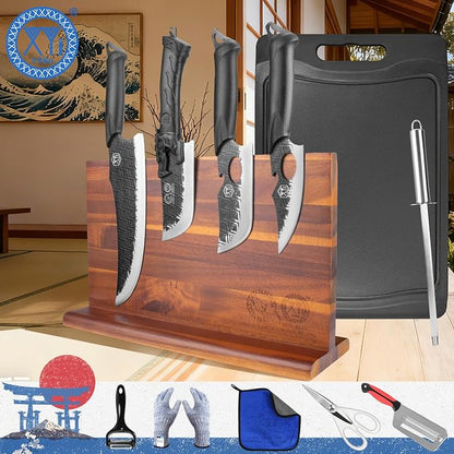 XYJ Kitchen Knife Block Set, High Carbon Steel Blades, Chef Knives Set with Knife Holder, Sharpening Stick, Scissors, Cutting Board, Gloves, Boning Slicing Knives, Ergonomic Handle