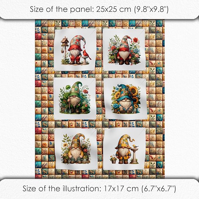 Gnome Patchwork Cotton Fabric Panel – 6 Designs 10×10 inch + Bonus Patchwork Sheet 29.5×19.6 inch, 100% Cotton 140 GSM, Eco-Printed Quilting & Sewing Fabric (USA Size)