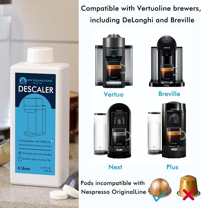 (12 Months Supply) Descaling Kit Compatible with Nespresso Vertuo, Odorless Coffee Brewer Machine Descaler Set, Liquid Descaling Solution for Nespresso, Includes Reusable Pod and 12 Cleaning Tablets