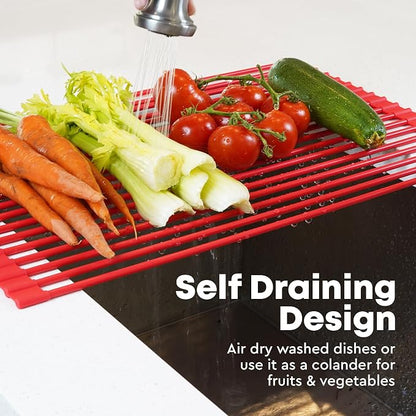 Zulay Kitchen Large Roll Up Dish Drying Rack - Heavy Duty Silicone Wrapped Steel Rods Over Sink Dish Drying Rack - Versatile Roll Up Sink Drying Rack & Trivet - Red,20.5 inches x 13 inches