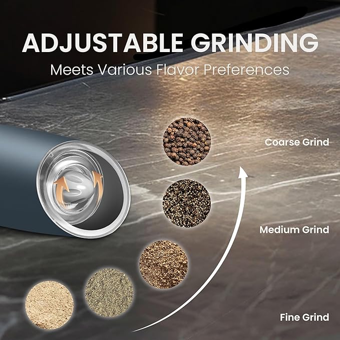Battery Operated Salt And Pepper Grinder Set with LED Light, Automatic Electric Gravity Salt And Pepper Shakers Set, Each 6 AAA Batteries Needed, Adjustable Roughness, 2 Pack (Grey)