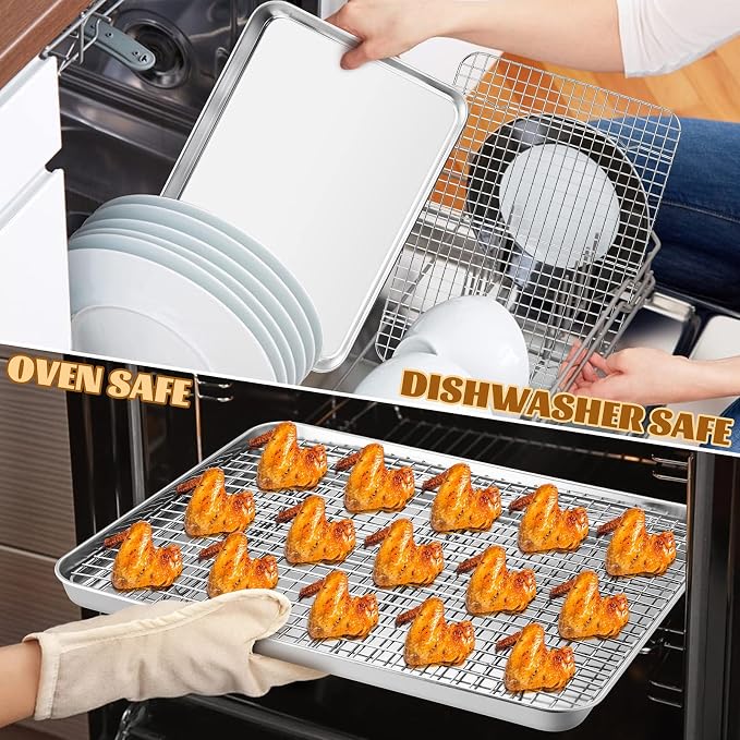 Stainless Steel Baking Sheet with Rack Set, E-far 12.4”x9.7” Cookie Sheet Broiling Pan for Oven, Rimmed Metal Tray with Wire Rack for Cooking/Baking/Cooling/Bacon, Non-toxic & Dishwasher Safe