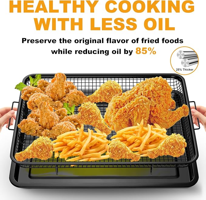 DONGULI Air Fryer Basket Oven - 2 Set Large Air Fryer Basket and Tray Stainless Steel Oven Air Fryer Rack Pan Accessories for Baking (L-2 Pack-Black-15.7"x11.8")