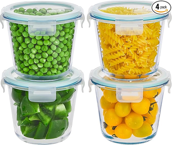 8 PCS Glass Meal Prep Containers with Lids, Airtight 3 Cup Glass Storage Containers Set, Round Deep Soup Containers with Lids for Leftover, Microwave, Dishwasher, and Freezer Safe(4 Sets)